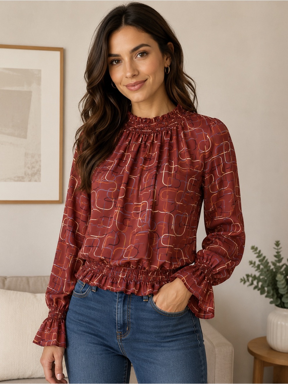 Women's Rust Geometric Long-Sleeve Top